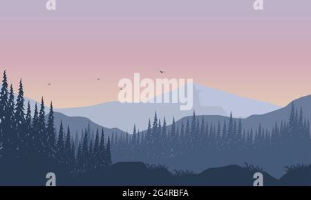 Vista realistica delle montagne con la foresta dalla periferia della città al tramonto. Illustrazione vettoriale Illustrazione Vettoriale