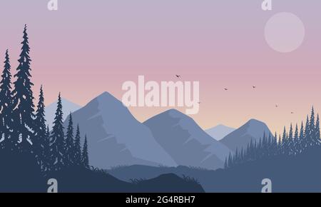 Fantastica vista sulle montagne con alberi di pino dal bordo della città al tramonto nel pomeriggio. Illustrazione vettoriale Illustrazione Vettoriale