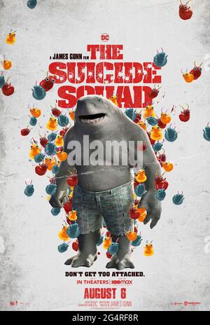 The Suicide Squad (2021) diretto da James Gunn e interpretato da Sylvester Stallone come King Shark nella presa di Jamie Gunn su un gruppo di detenuti con poteri speciali inviati per assumere una stella telepatica chiamata Starro. Foto Stock