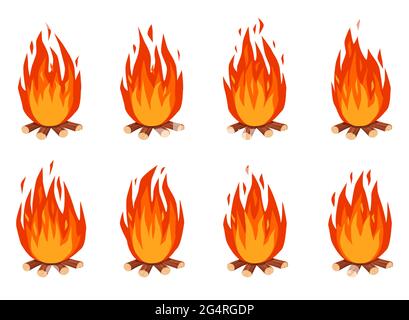 Animazione falò. Fuoco a legna con legna. Fuoco fiamme effetto sprite animate frame per ui game design set vettoriale. Luminoso e luminoso camino caldo isolato su bianco Illustrazione Vettoriale