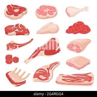 Cartone animato di carne fresca. Manzo crudo, gamba di agnello, bistecca, costolette di maiale, carne macinata, pancetta. Varietà di cottura del prodotto di fattoria ingredienti insieme vettoriale. Macellaio o negozio, pasto per barbecue o grigliate Illustrazione Vettoriale