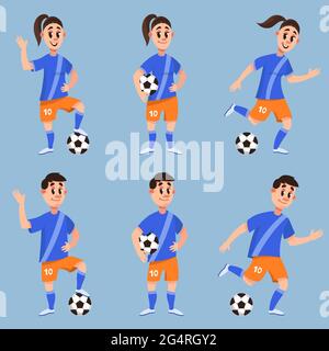 Set di giocatori di calcio in diverse posizioni. Personaggi maschili e femminili in stile cartoon. Illustrazione Vettoriale