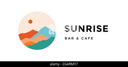 Logo, logotipo, segno. Sunrise, bar cafe. Logo con vista panoramica astratta su montagne, cielo e tramonto. Vista panoramica in stile minimalista, montagna, collina e sole. Stile astratto. Illustrazione vettoriale Illustrazione Vettoriale