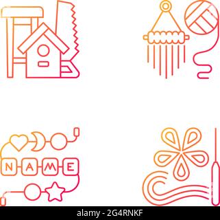 Attività creative Set di icone vettoriali lineari di gradiente. Lavorazione del legno. Panghature in filo. Catena del massaggiagengive personalizzata. Fascio di simboli di contorno a linee sottili. IO Illustrazione Vettoriale