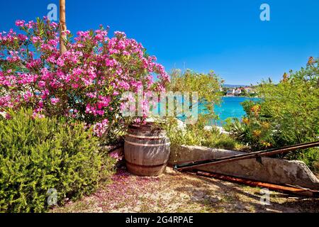 Colorato lungomare dell'isola adriatica di Krapanj, arcipelago di Sibenik, Dalmazia regione della Croazia Foto Stock