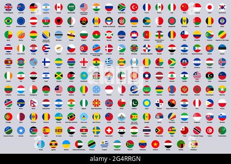 Bandiere rotonde nazionali del mondo. Bandiere per i paesi di Europa, america e asia, set di illustrazioni vettoriali con simboli nazionali arrotondati. Emblemi dei paesi del mondo Illustrazione Vettoriale