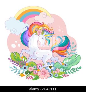 Carino carattere unicorno bianco con arcobaleno e fiori. Personaggio cartoon. Immagine vettoriale isolata su sfondo bianco. Per t-shirt, stampa e des Illustrazione Vettoriale