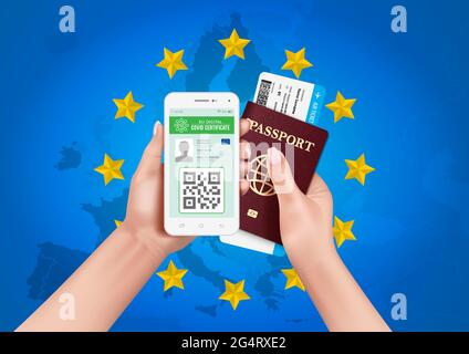 Idoneità a viaggiare all'interno dell'Unione europea durante la pandemia del Covid-19. Illustrazione Vettoriale