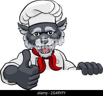 Wolf Chef Mascot Segno Cartoon Personaggio Illustrazione Vettoriale