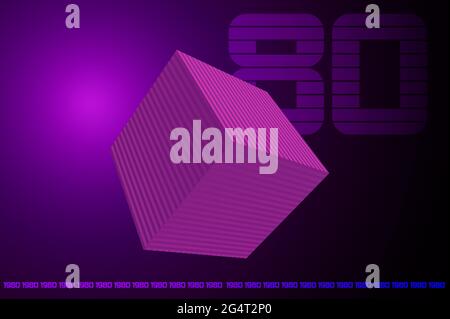 cubo 3d in stile anni '80 illuminato in viola con il numero 80 e la data 1980 su sfondo scuro Foto Stock