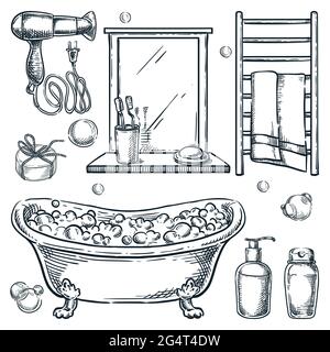 Elementi di design isolati per interni del bagno. Illustrazione dello schizzo disegnata a mano dal vettore. Accessori per vasca e doccia e set di attrezzature. Vasca da bagno con schiuma, s Illustrazione Vettoriale