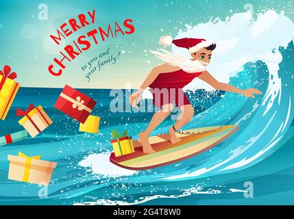 Uomo in abiti di Babbo Natale surf sull'onda nell'oceano tropicale. Allegra scritta a mano di Natale. Vacanze, resort, biglietti d'auguri. Illustrazione Vettoriale