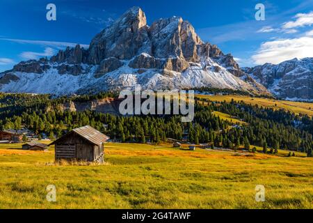 Splendida vista del Sass de Putia mountain dal Passo delle Erbe nelle Dolomiti, Italia. Vista del Sass de Putia (Sass de Putia) al Passo delle Erbe, con woode Foto Stock