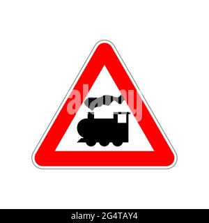 Icona treno sul triangolo rosso e bianco segnale stradale su bianco Illustrazione Vettoriale