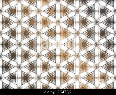 Geometrico astratto bianco e nero con motivo esagonale caleidoscopico in oro metallizzato. Illustrazione vettoriale. Ornamento simmetrico per carta digitale, sfondo per carta da parati. Illustrazione Vettoriale