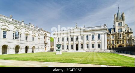 Vista panoramica della casa del Senato e delle vecchie scuole con il loro prato presso l'università di Cambridge, Inghilterra. Foto Stock
