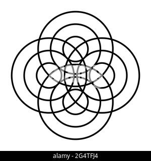 Simbolo composto da cerchi concentrici. In quattro punti diversi, tre onde si diffondono concentricamente, in modo simile alle onde dell'acqua, e producono un mandala. Foto Stock