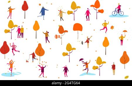 autunno caduta ringraziamento persone esterni casa cartoon vettore illustrazione scena set, uomo donna coppie bambini camminare con ombrelloni, cani, trascorrere il tempo Illustrazione Vettoriale
