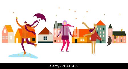 Famiglia in autunno, Vector illustrazione di una famiglia felice in autunno in una passeggiata per la città, mamma, papà, bambino e cane passeggiata attraverso il parco. Illustrazione Vettoriale