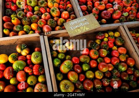 Mercato pomodori Tomatos Heirloom produrre vegatables da giardino in vendita Foto Stock