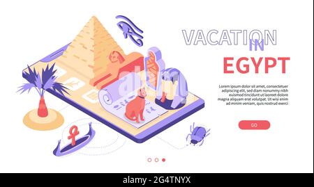 Vacanza in Egitto - banner Web isometrico moderno e colorato con spazio di copia per il testo. Un'illustrazione con simboli egiziani e punti di riferimento posizionati su Smart Illustrazione Vettoriale