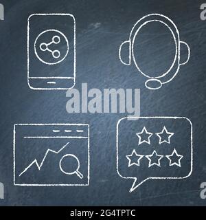 Comunicazione con l'icona del cliente impostata sulla lavagna. Operatore helpdesk, social media, ricerca online, simboli di revisione e feedback. Illustrazione vettoriale. Illustrazione Vettoriale