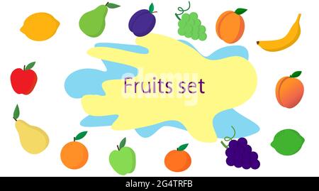 Frutta in set di illustrazioni vettoriali di stile piatto. Composizione di varie icone di frutta disegnate in stile semplice Illustrazione Vettoriale