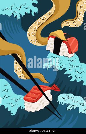 Sushi di cibo giapponese e sashimi poster disegno a mano. Giappone piatto di riso nazionale e pesce crudo e gamberi. I tentacoli di calamari o polpi tengono i bacchini sulle onde del mare. Banner promo menu bar con panini di pesce Illustrazione Vettoriale