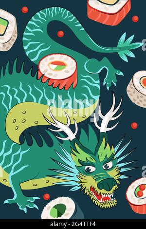 Poster giapponese di rotoli di cibo disegno a mano. Giappone piatto di riso nazionale e pesce crudo. Banner pubblicitari sushi bar. Menu ristorante asiatico o decorazione volantino con drago azzurro. Illustrazione vettoriale Illustrazione Vettoriale