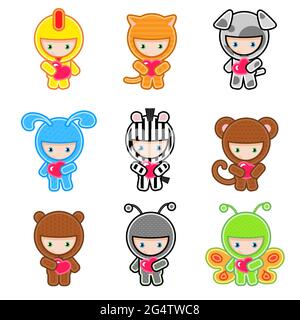 Carino bambini che indossano pollo in costume, coniglietto, cane, gatto Illustrazione Vettoriale