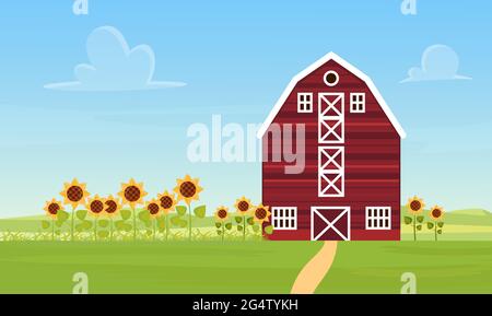 Fattoria campagna paesaggio con fienile ranch, girasole campo illustrazione vettore. Panorama agricolo Cartoon, strada per rustico edificio colonico, girasoli crescere su sfondo terreno agricolo Illustrazione Vettoriale