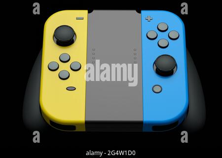 Controller portatili per videogiochi collegati al touch screen in nero sfondo Foto Stock