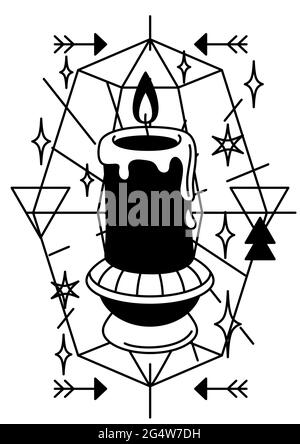 Illustrazione magica con candela. Arte mistica, alchimia, spiritualità e tatuaggio Illustrazione Vettoriale
