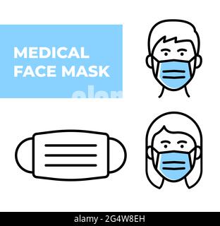 Icone della maschera medica. Semplici cartelli sottili con le persone che indossano maschere di protezione. Illustrazione vettoriale Illustrazione Vettoriale