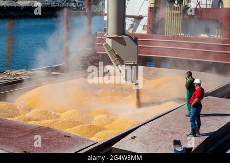 Granoturco nella stiva del portarinfuse. Fissaggio del pezzo fuso del mais. I carichi con gru a sollevamento spediscono il portarinfuse con mais Foto Stock