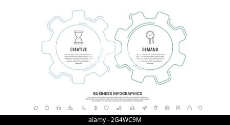 Linea di ingranaggi infografici con 2 fasi. Tempistica vettoriale con ruote dentate per il concetto e il grafico aziendale Illustrazione Vettoriale