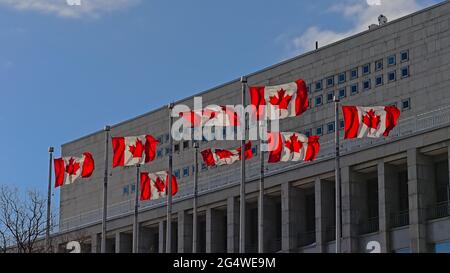Bandiere canadesi che sventolano nel vento davanti ad un moderno edificio governativo a Ottawa, capitale del Canada Foto Stock