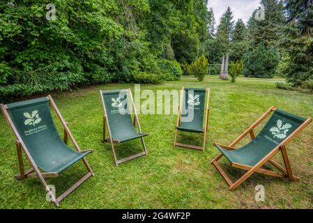 Togliere un carico. Un semi-circie di sedie a sdraio attende i visitatori di Anglesey Abbey, una casa di campagna in stile giacobino a Lode, vicino a Camdridge, Regno Unito, Foto Stock