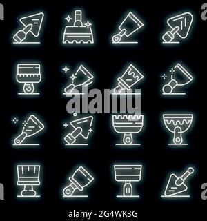 Set icone coltello stucco. Contorno insieme di icone vettoriali di coltello stucco colore neon su nero Illustrazione Vettoriale