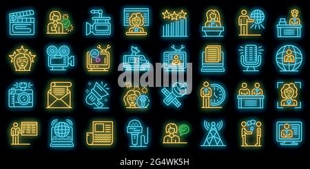 Icone del telecomando per presentazioni TV impostate. Contorno insieme di icone vettoriali del presentatore TV colore neon su nero Illustrazione Vettoriale