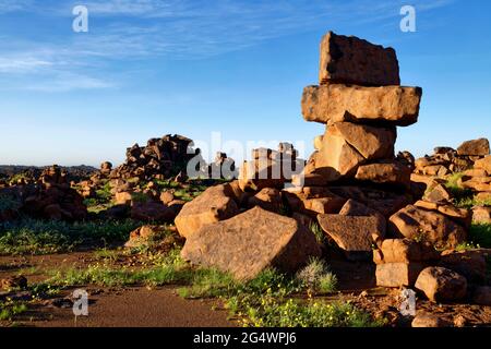 Parco giochi dei giganti sulla fattoria Gariganus ad est di Keetmanshoop: Rocce di dolerite intemperie (agenti atmosferici sferoidali) alla luce del mattino, regione di Karas, Namibia Foto Stock