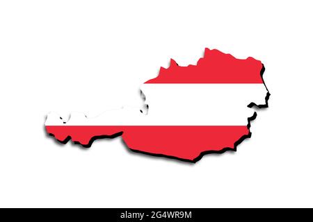 Mappa dell'Austria con la bandiera nazionale sovrapposta al paese. Grafica 3D che crea un'ombra sullo sfondo bianco Foto Stock