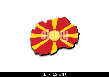 Mappa del Nord Macedonia con la bandiera nazionale sovrapposta al paese. Grafica 3D che crea un'ombra sullo sfondo bianco Foto Stock