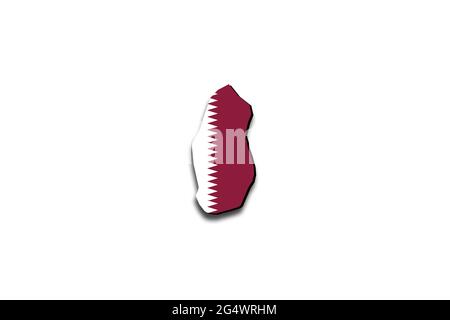 Mappa del Qatar con la bandiera nazionale sovrapposta al paese. Grafica 3D che crea un'ombra sullo sfondo bianco Foto Stock