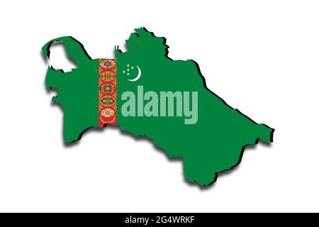 Mappa del Turkmenistan con la bandiera nazionale sovrapposta al paese. Grafica 3D che crea un'ombra sullo sfondo bianco Foto Stock