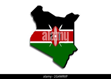 Mappa del Kenya con la bandiera nazionale sovrapposta al paese. Grafica 3D che crea un'ombra sullo sfondo bianco Foto Stock