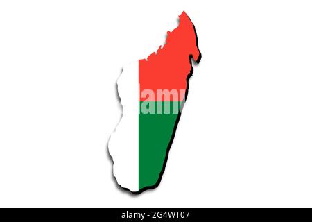 Mappa del Madagascar con la bandiera nazionale sovrapposta al paese. Grafica 3D che crea un'ombra sullo sfondo bianco Foto Stock
