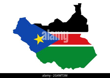 Mappa del Sud Sudan con la bandiera nazionale sovrapposta al paese. Grafica 3D che crea un'ombra sullo sfondo bianco Foto Stock