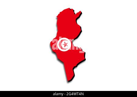 Mappa della Tunisia con la bandiera nazionale sovrapposta al paese. Grafica 3D che crea un'ombra sullo sfondo bianco Foto Stock