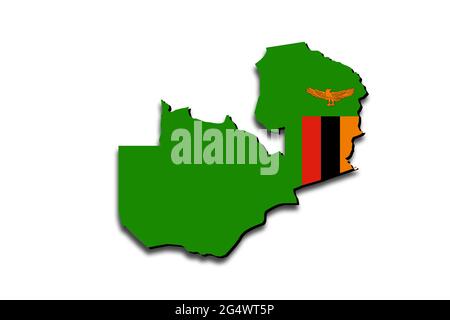 Mappa dello Zambia con la bandiera nazionale sovrapposta al paese. Grafica 3D che crea un'ombra sullo sfondo bianco Foto Stock